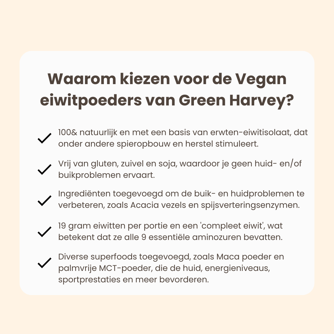 Kies voor de Vegan eiwitpoeders van Green Harvey wegens de vele voordelen.